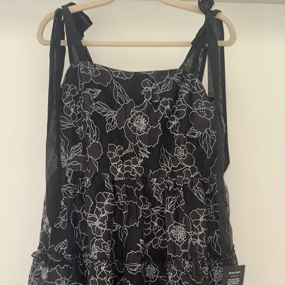 Lulu's Black Midi Dress with White Floral Embroidery and Tie Shoulders - Picture 7 of 13